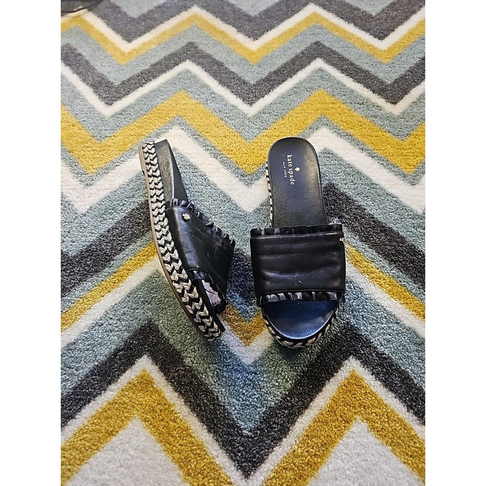 KATE SPADE Zahara Slide Espadrilles Black Leather Sandals - Women's Size 8.5 M